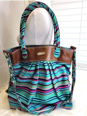 Vici Teal Pink Multicolor Striped Tote with Brown Trim